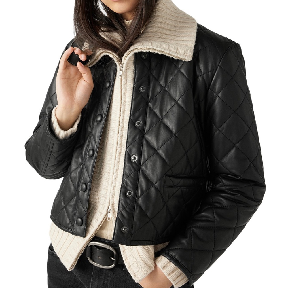 NWT BA&SH SANDY BOXY CROP QUILTED BLACK LEATHER JACKET S